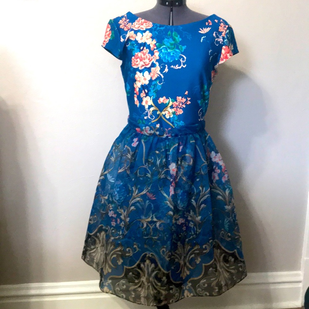 Blue Floral with Removable Overskirt